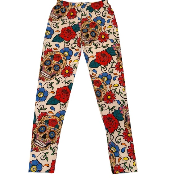 Dia De Los Musertos Sugar Skull Rose Day of the Dead soft Leggings XS - Picture 9 of 17